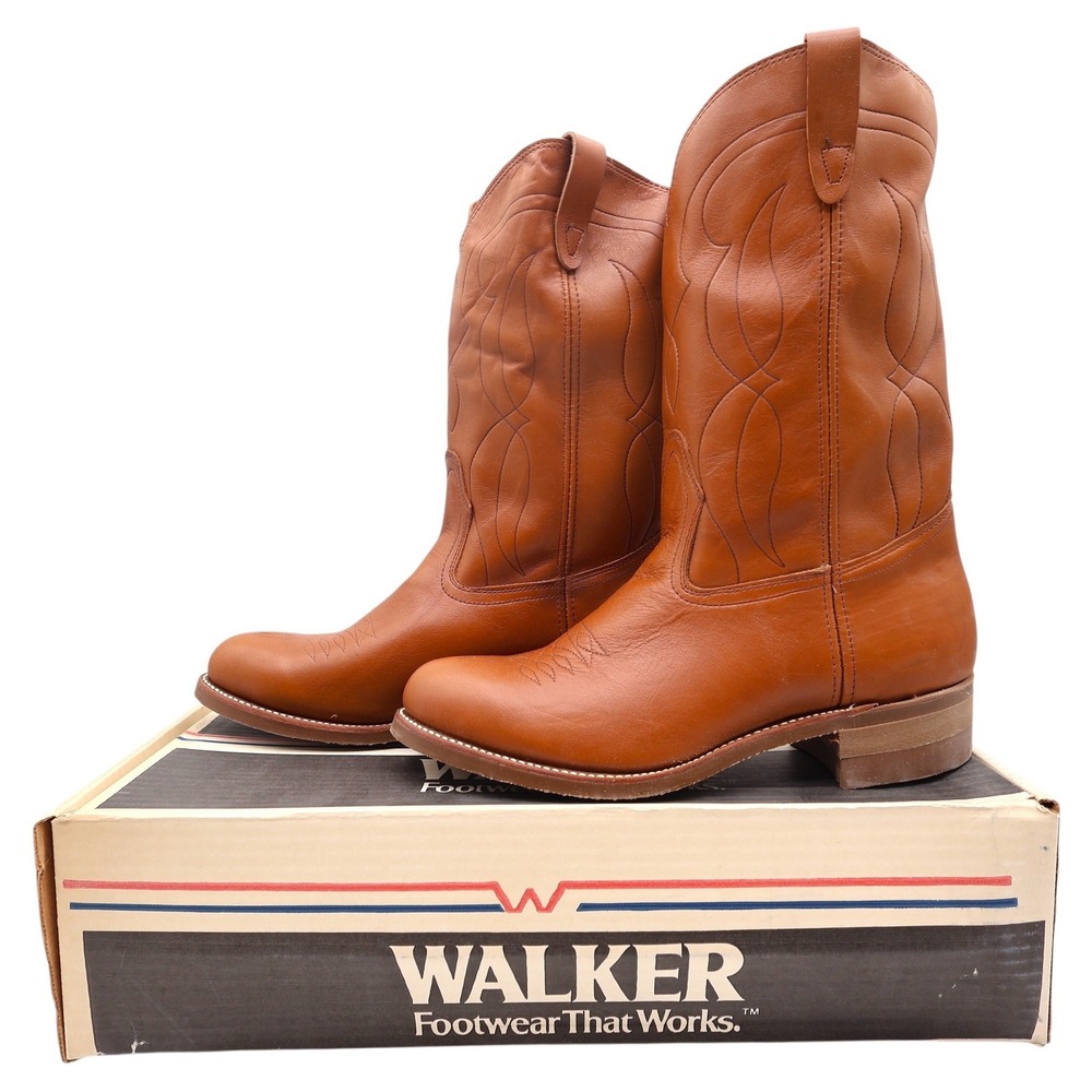 Walker Vintage Western Boots Mens 11 Brown Leather Deadstock NIB USA Made